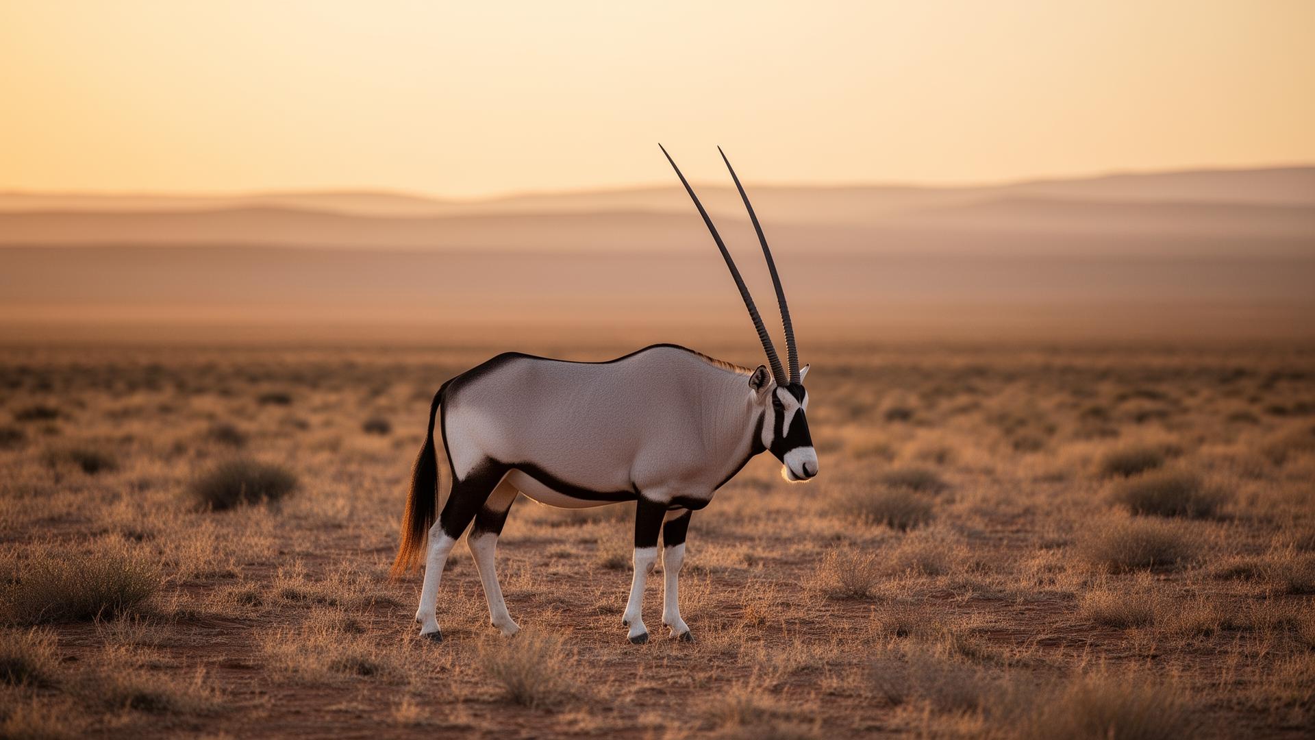 Oryx on the open Namibian range at golden hour